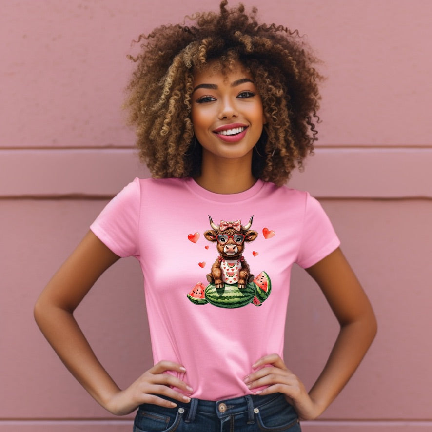 WATERMELON SUMMER COQUETTE HIGHLAND COW W/GLASSES