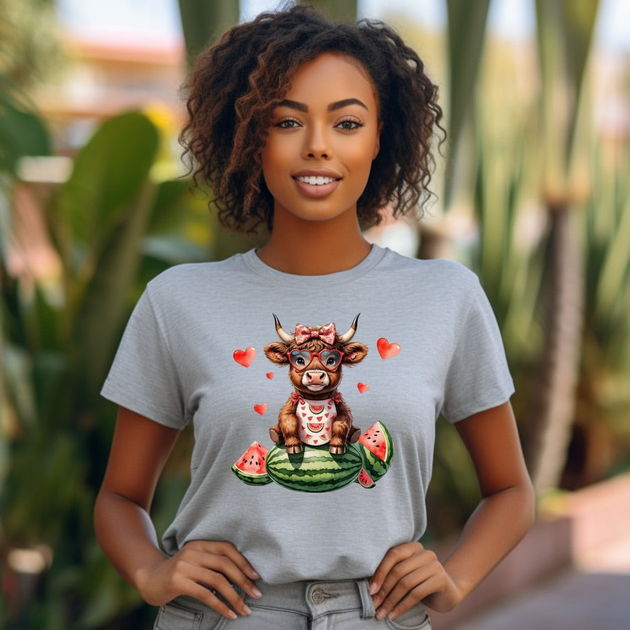 WATERMELON SUMMER COQUETTE HIGHLAND COW W/GLASSES